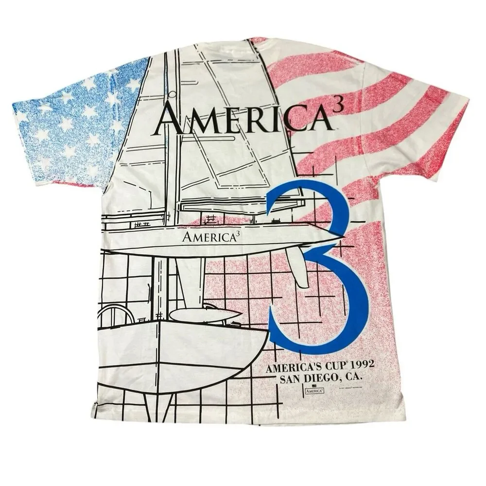 Vintage America’s Cup 1992 T Shirt Mens L White‎ Hanes USA Flag AOP Sailing Tee - Picture 8 of 11